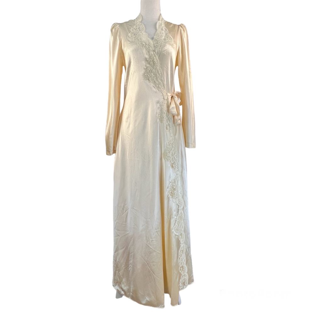 Vintage 70s Lanvin Satin & Lace Night Gown & Robe Set Wedding Bridal Honeymoon